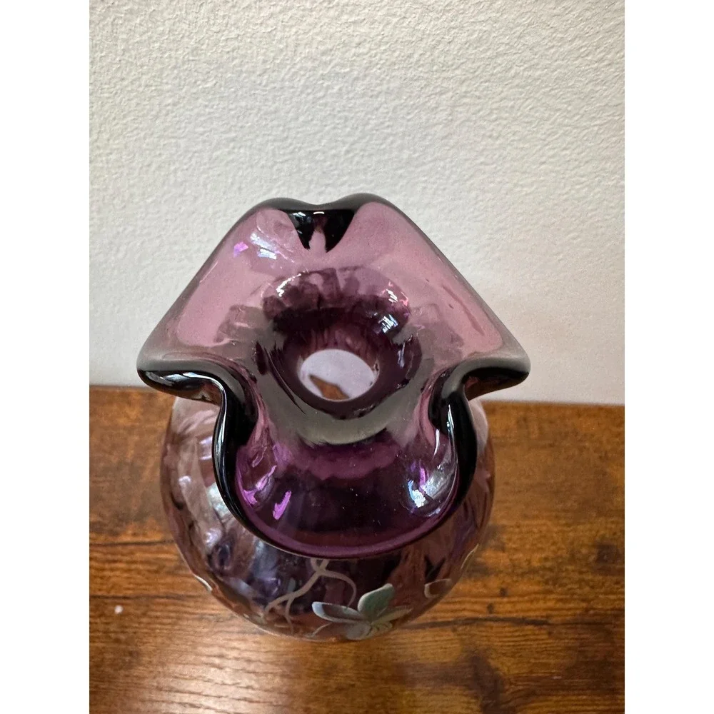 Hand Painted Amethyst Purple Glass Vase Signed by C Smith Ruffled Rim Floral